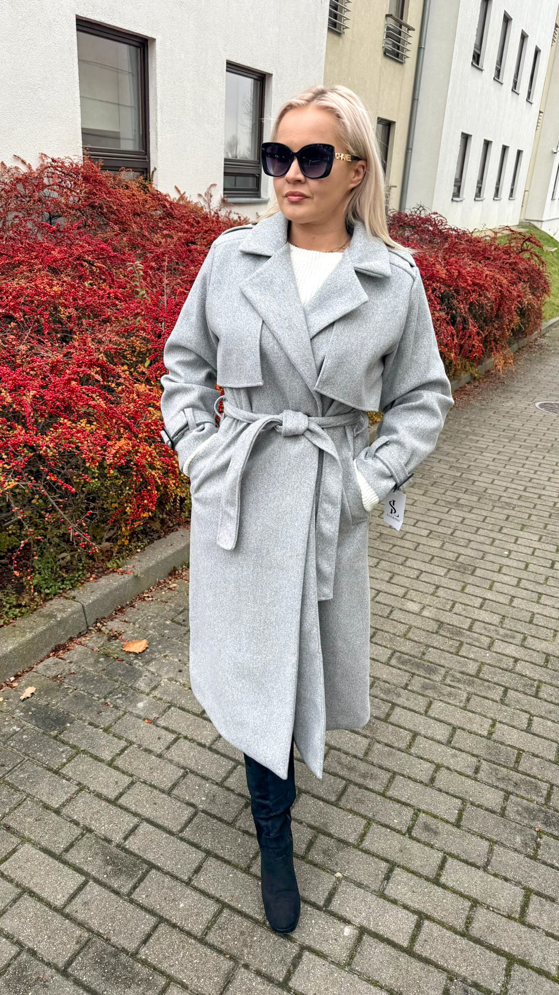 Płaszcz  Długi Elegancki Damski Szary zdjęcie 1