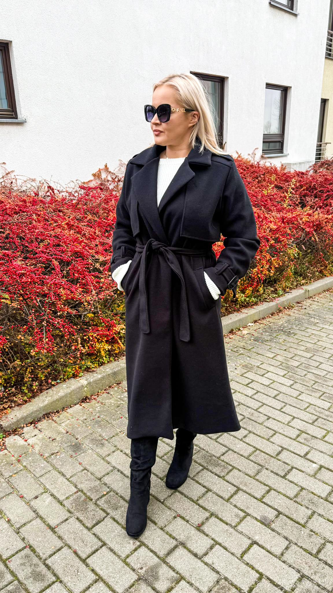 Płaszcz  Długi Elegancki Damski Czarny zdjęcie 1