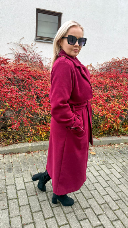 Płaszcz  Długi Elegancki Damski Burgundowy zdjęcie 2