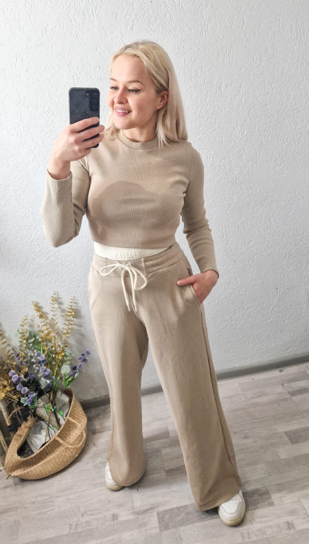 Komplet Szerokie Spodnie Top Beżowy