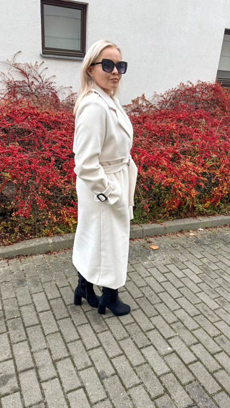 Płaszcz  Długi Elegancki Damski Ecru zdjęcie 2