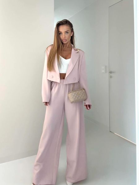 Komplet Garnitur Damski Spodnie Marynarka Pudrowy Róż