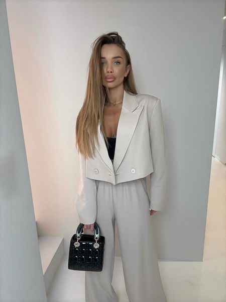 Komplet Garnitur Damski Spodnie Marynarka Beżowy