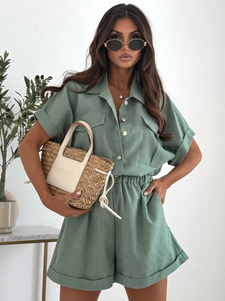 Kombinezon Krótki Lniany Elegance Matcha