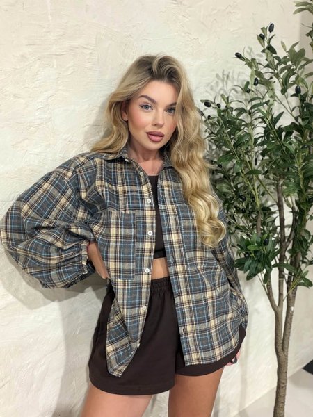 Koszula w Kratę Glam Beżowo Niebieska