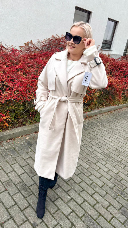 Płaszcz  Długi Elegancki Damski Beżowy zdjęcie 1