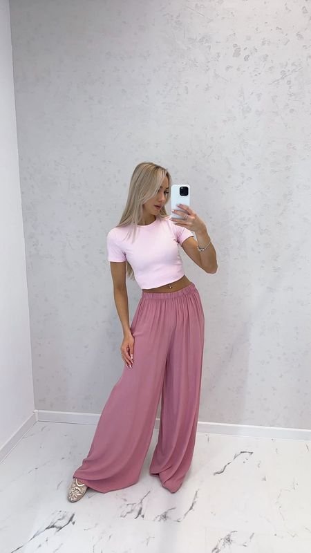 Spodnie Wiskozowe Szeroka Nogawka Fruwajki Pudrowy Róż