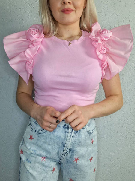 T-Shirt Falbanka Róża Różowy